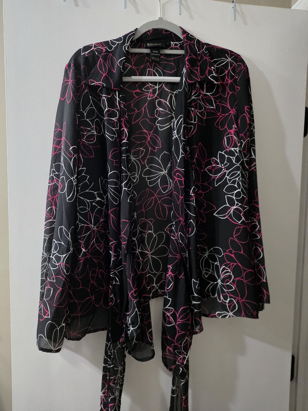 Black Floral Sheer Wrap Around Blouse with Pink & White Outline Flowers - Picture 1 of 4